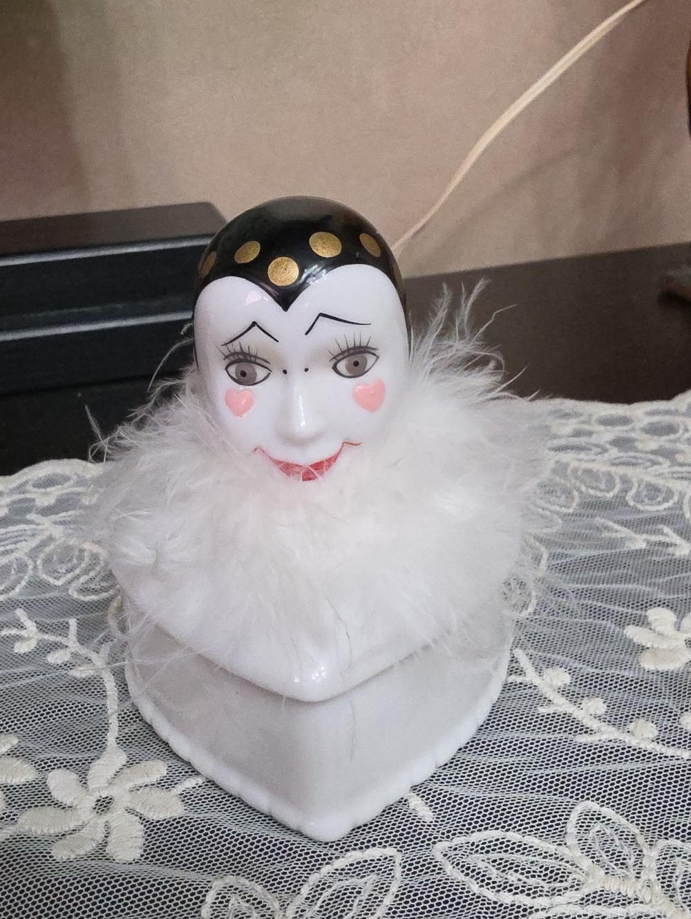 1980 Porcelain Harlequin Trinket Box with White Feather Trim